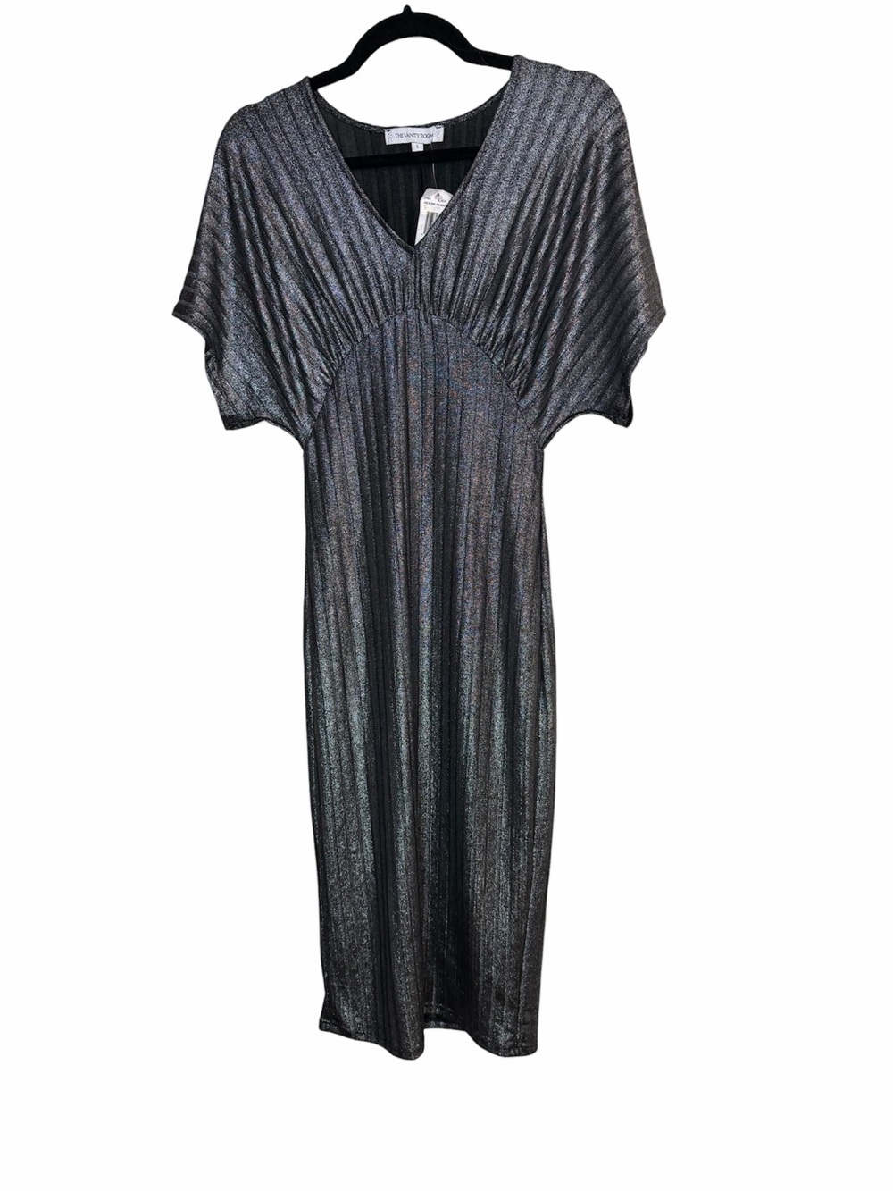 The Vanity Room Metallic V-Neck Knit Ribbed Midi Dress